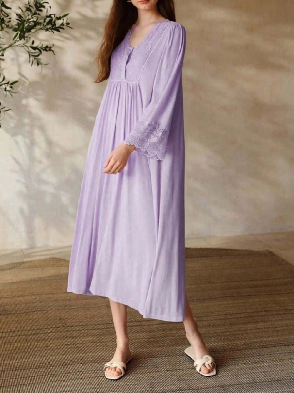 Lavender Lace Trim V Neck Bell Sleeve Midi Lounge Dress